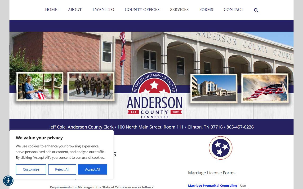 Anderson County Marriage License office information from the county clerk