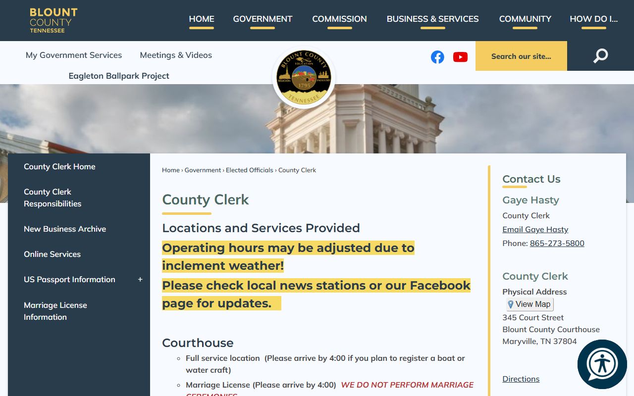 Blount County Marriage License details from the county government clerk page