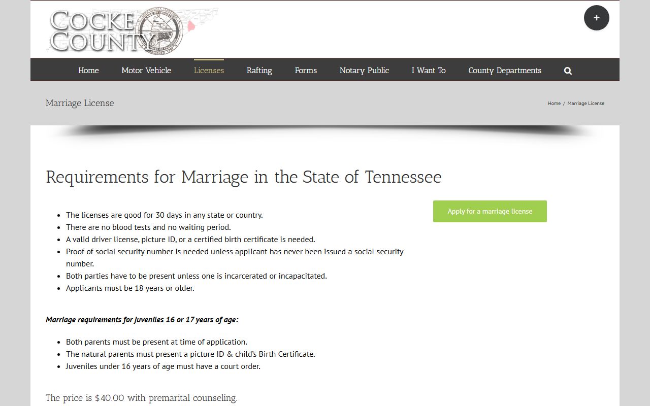 Cocke County Marriage License requirements and fees