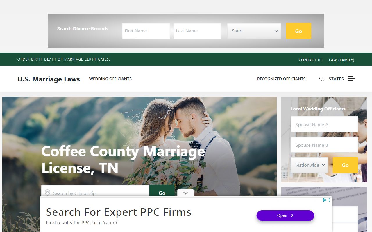 Coffee County Marriage License fee and rule summary
