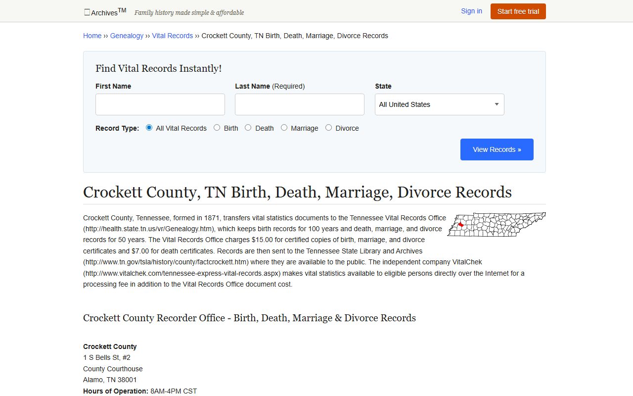 Crockett County Marriage License archive and vital records summary