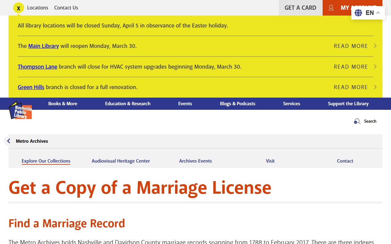 Davidson County Marriage License copies at Metro Archives