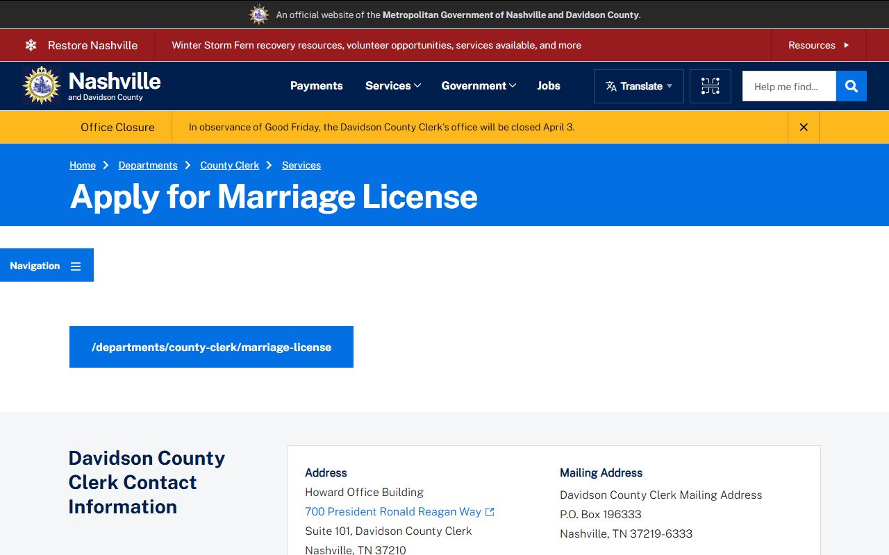 Davidson County Marriage License application page in Nashville