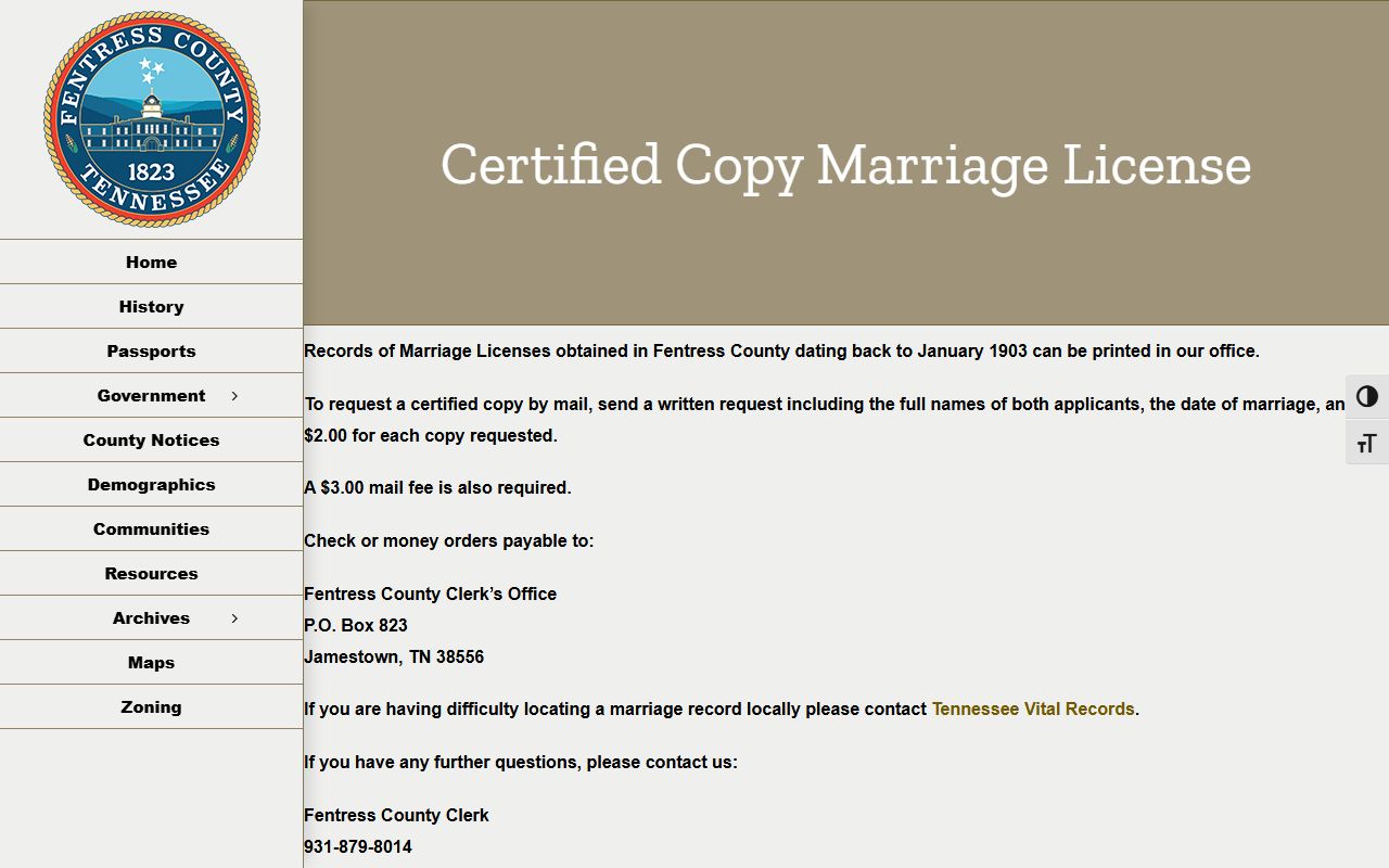 Fentress County Marriage License certified copy guidance from the county clerk website