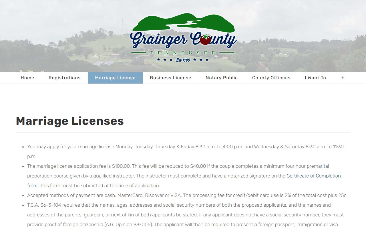 Grainger County Marriage License application page