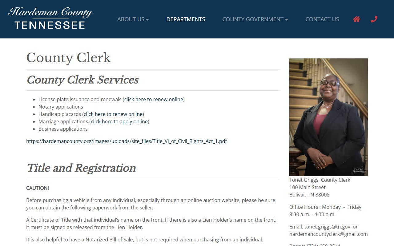 Hardeman County Marriage License information from the county clerk website
