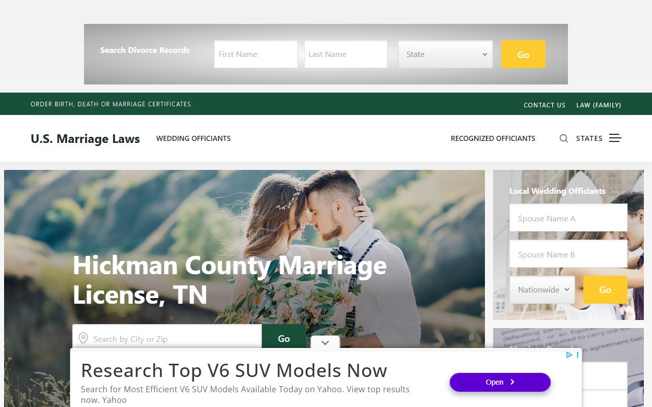 Hickman County Marriage License rules summary from US Marriage Laws