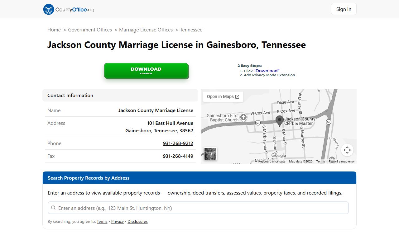 Jackson County Marriage License office in Gainesboro Tennessee