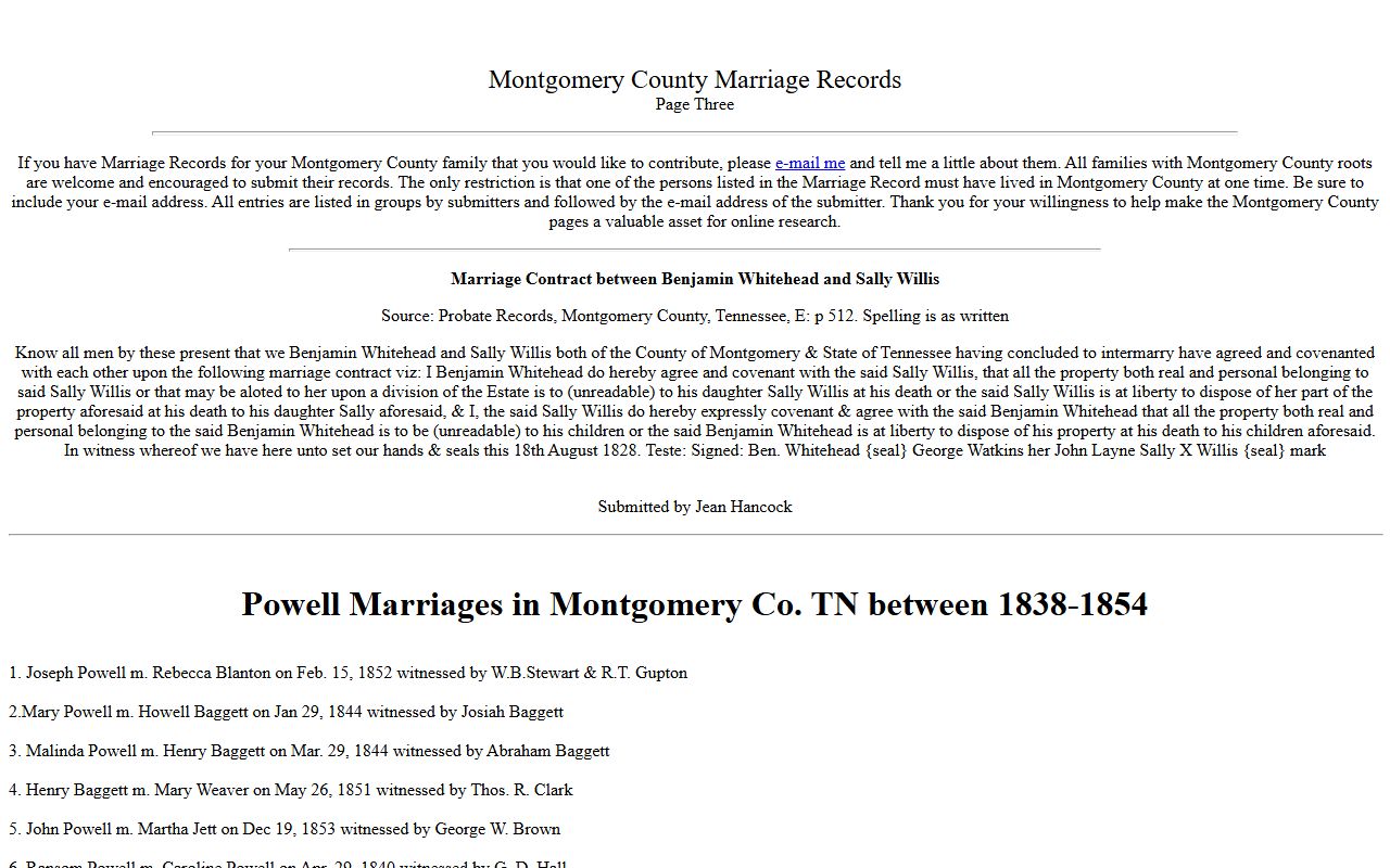 Montgomery County Marriage License historical records at TN GenWeb