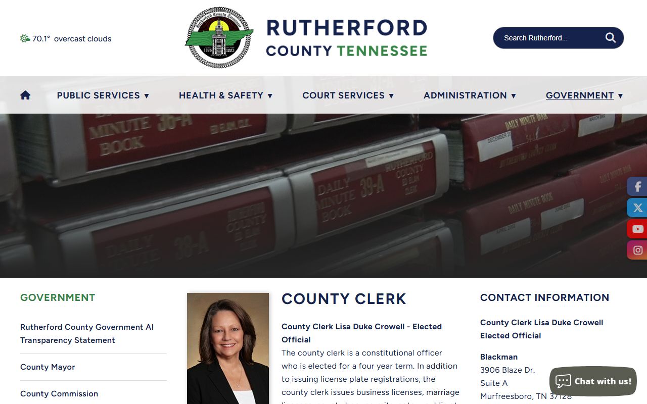 Rutherford County Clerk main page for marriage licenses