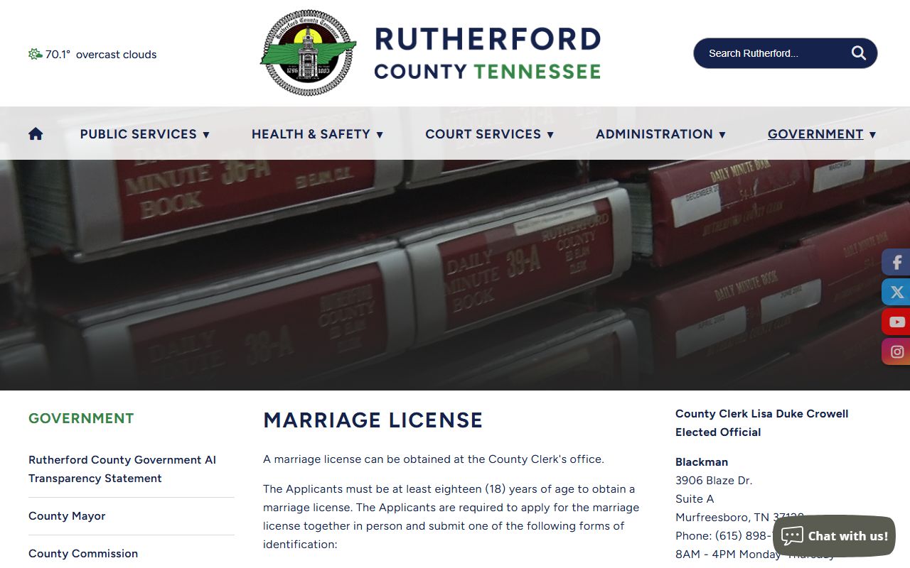 Rutherford County Marriage License information page