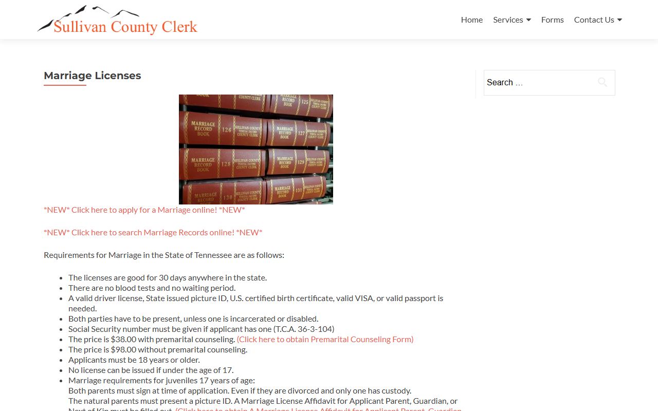 Sullivan County Marriage License copy and lookup page