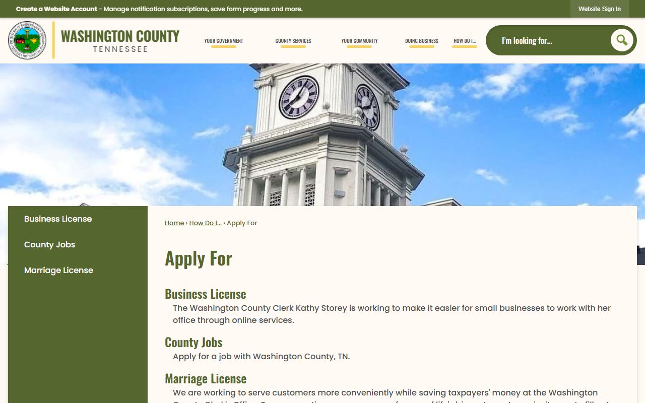 Washington County Marriage License apply-for page for Jonesborough applicants
